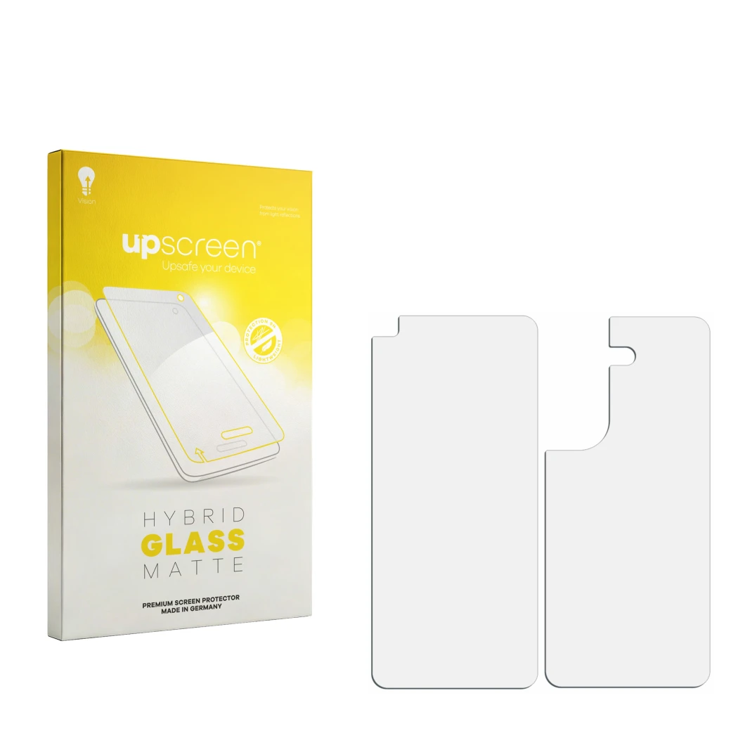Face avant d’un emballage produit avec le logo de la marque upscreen. À côté se trouve la protection d’écran correspondante.