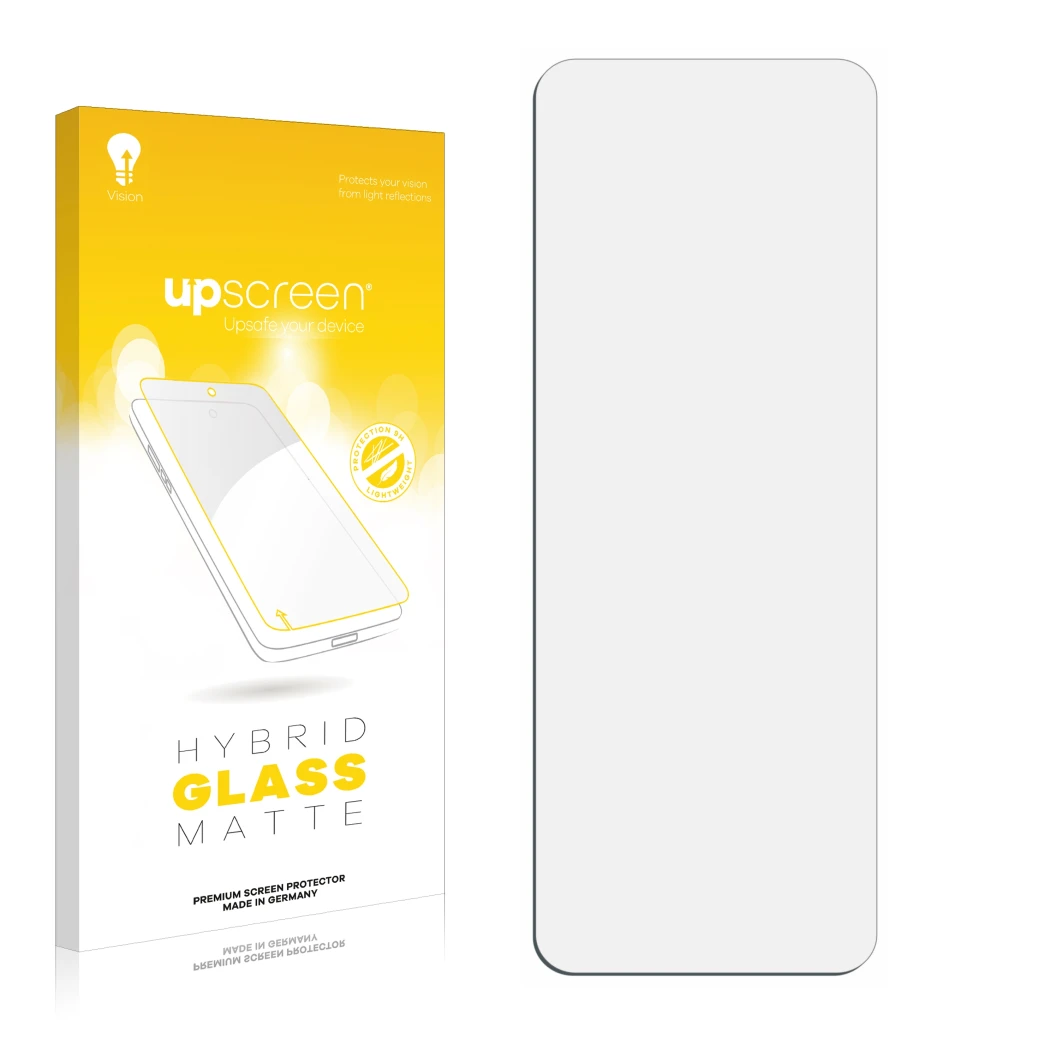 Face avant d’un emballage produit avec le logo de la marque upscreen. À côté se trouve la protection d’écran correspondante.