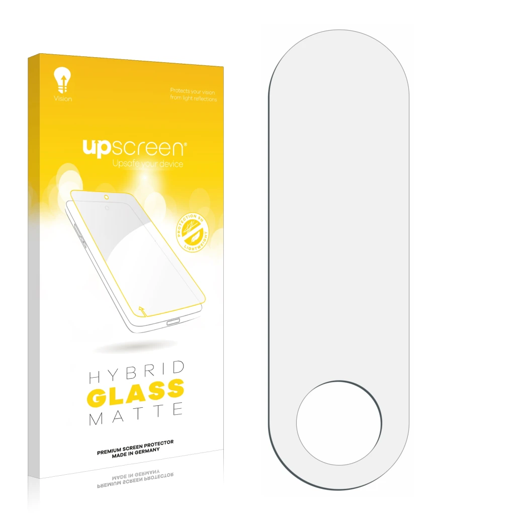 Face avant d’un emballage produit avec le logo de la marque upscreen. À côté se trouve la protection d’écran correspondante.