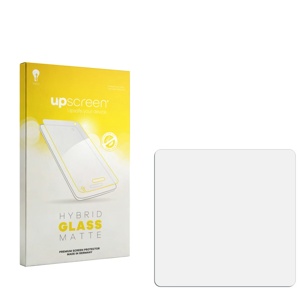 Face avant d’un emballage produit avec le logo de la marque upscreen. À côté se trouve la protection d’écran correspondante.