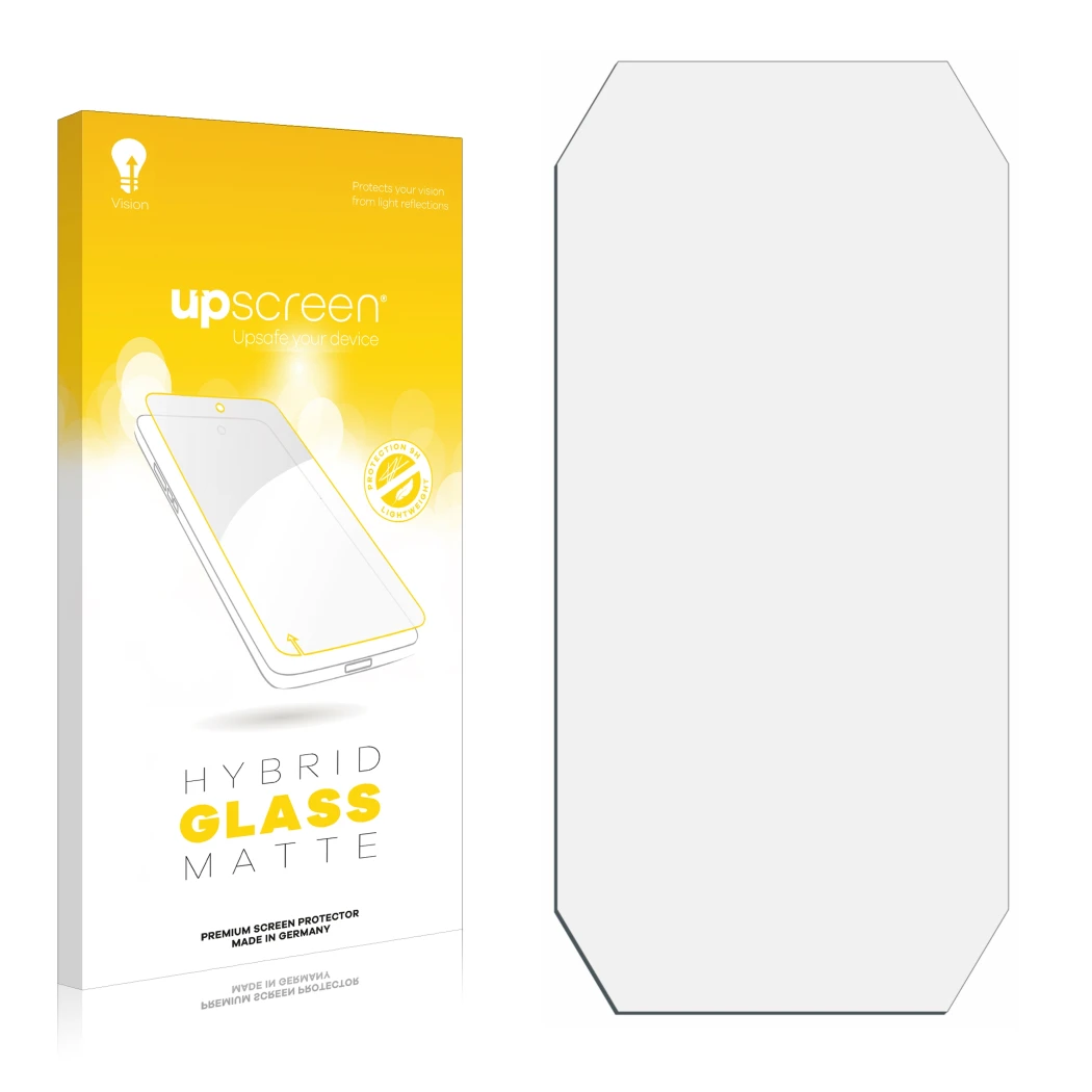 Face avant d’un emballage produit avec le logo de la marque upscreen. À côté se trouve la protection d’écran correspondante.