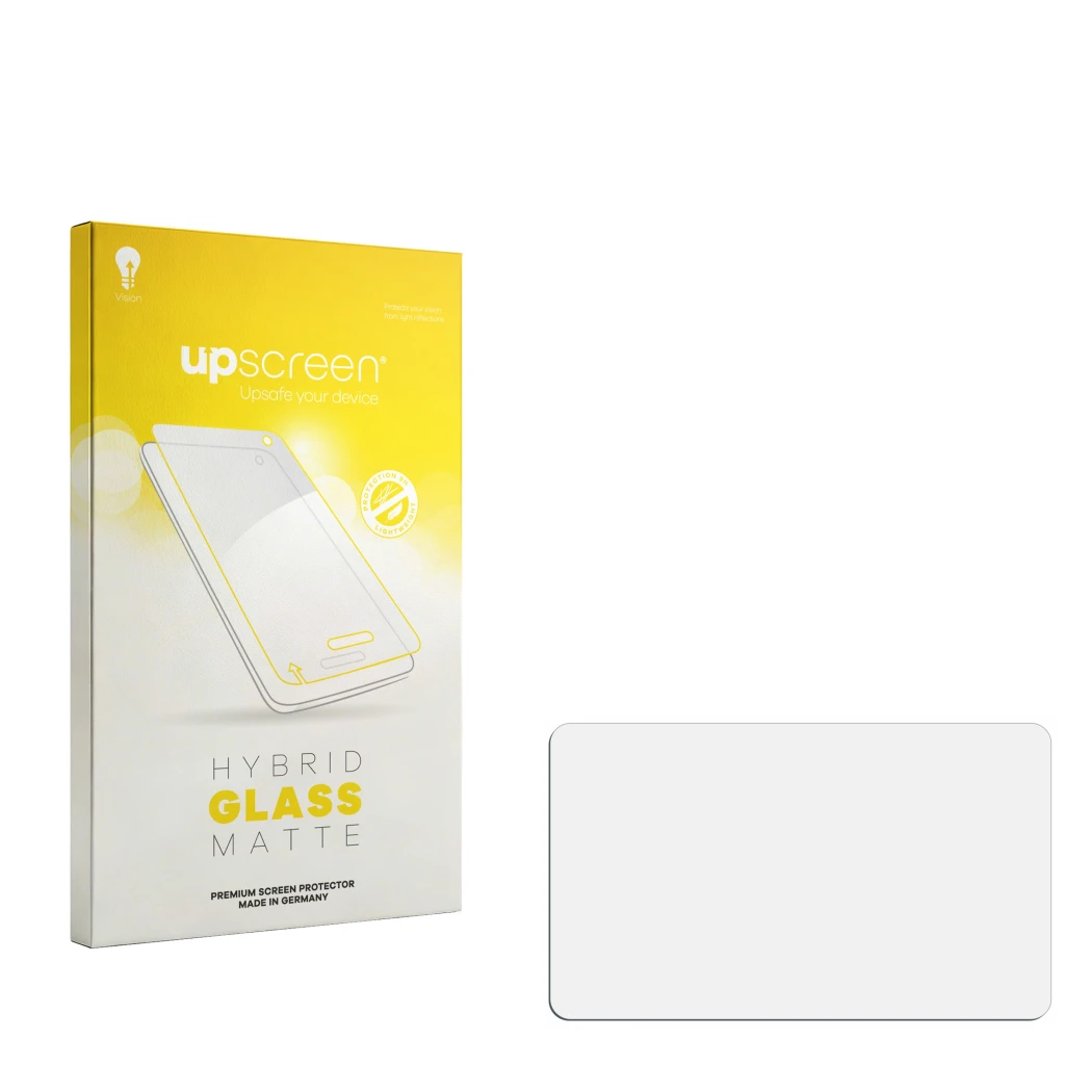 Face avant d’un emballage produit avec le logo de la marque upscreen. À côté se trouve la protection d’écran correspondante.