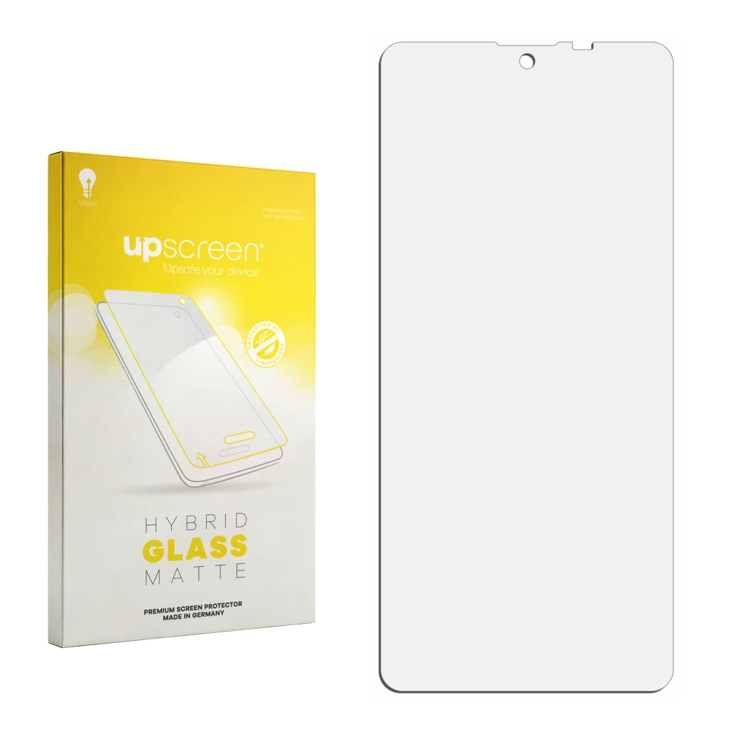 Face avant d’un emballage produit avec le logo de la marque upscreen. À côté se trouve la protection d’écran correspondante.