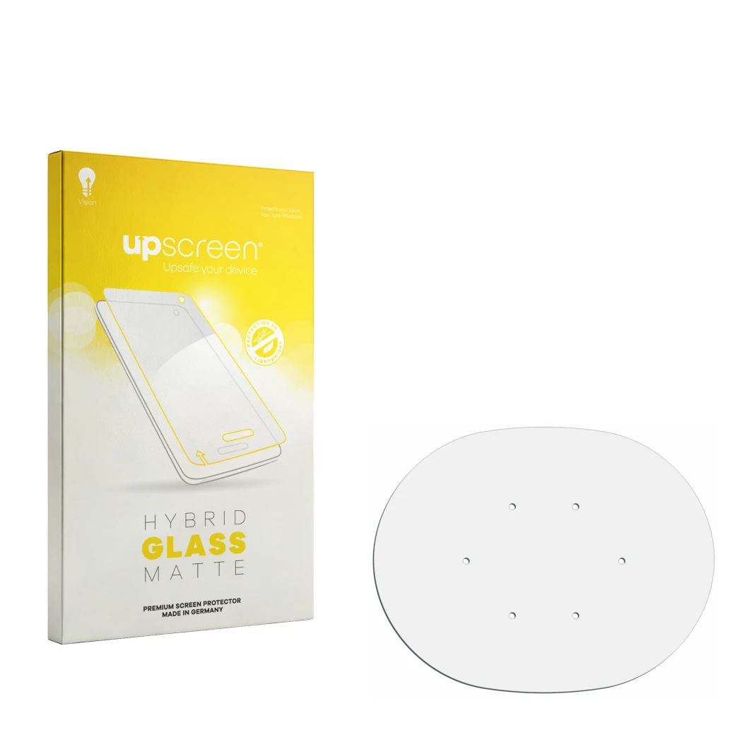 Face avant d’un emballage produit avec le logo de la marque upscreen. À côté se trouve la protection d’écran correspondante.