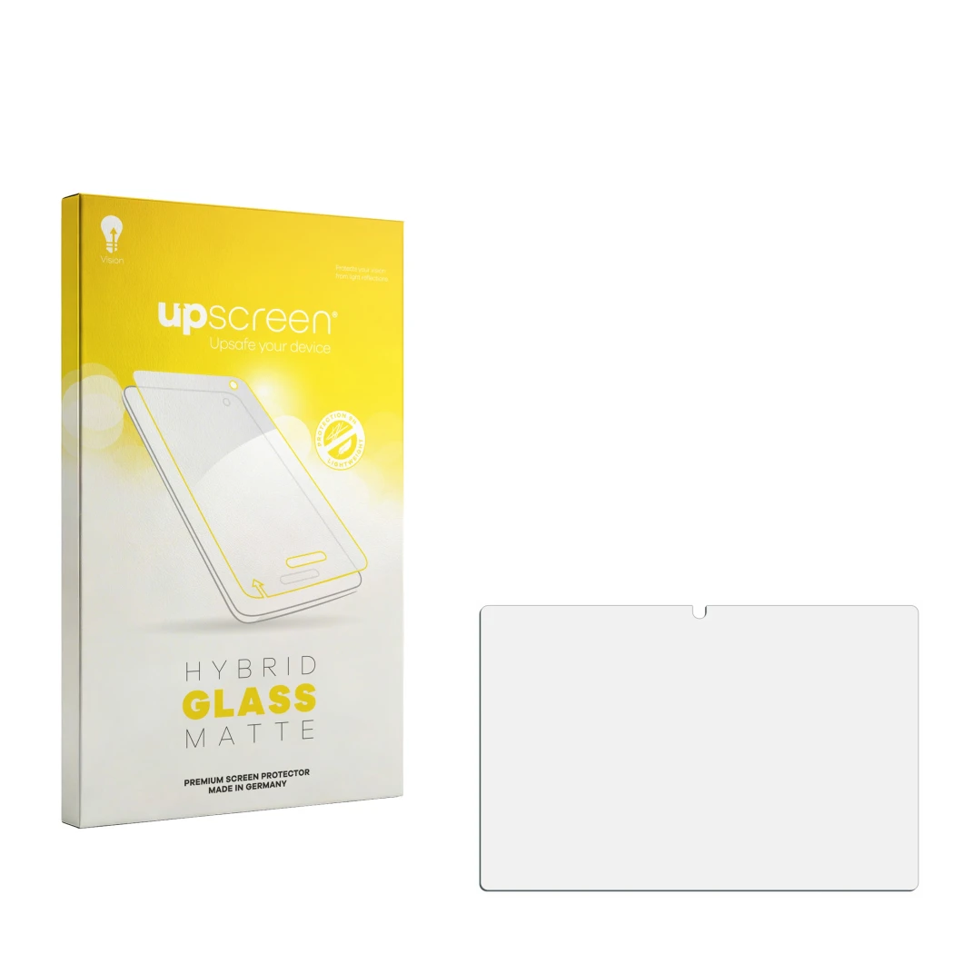 Face avant d’un emballage produit avec le logo de la marque upscreen. À côté se trouve la protection d’écran correspondante.