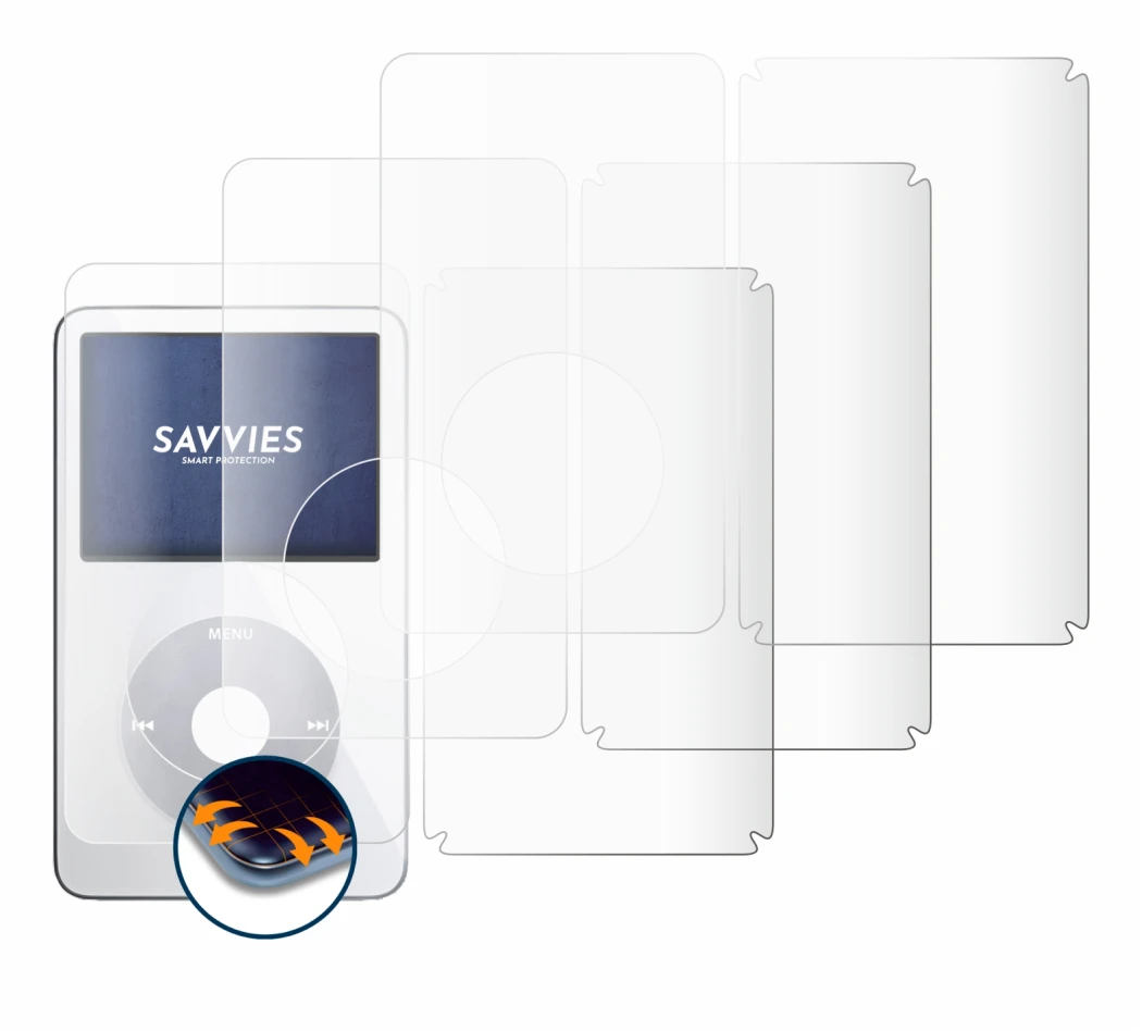 Image de l'appareil Apple iPod Classic Video (Avant+Arrière) avec une grande variété de protections d'écran.