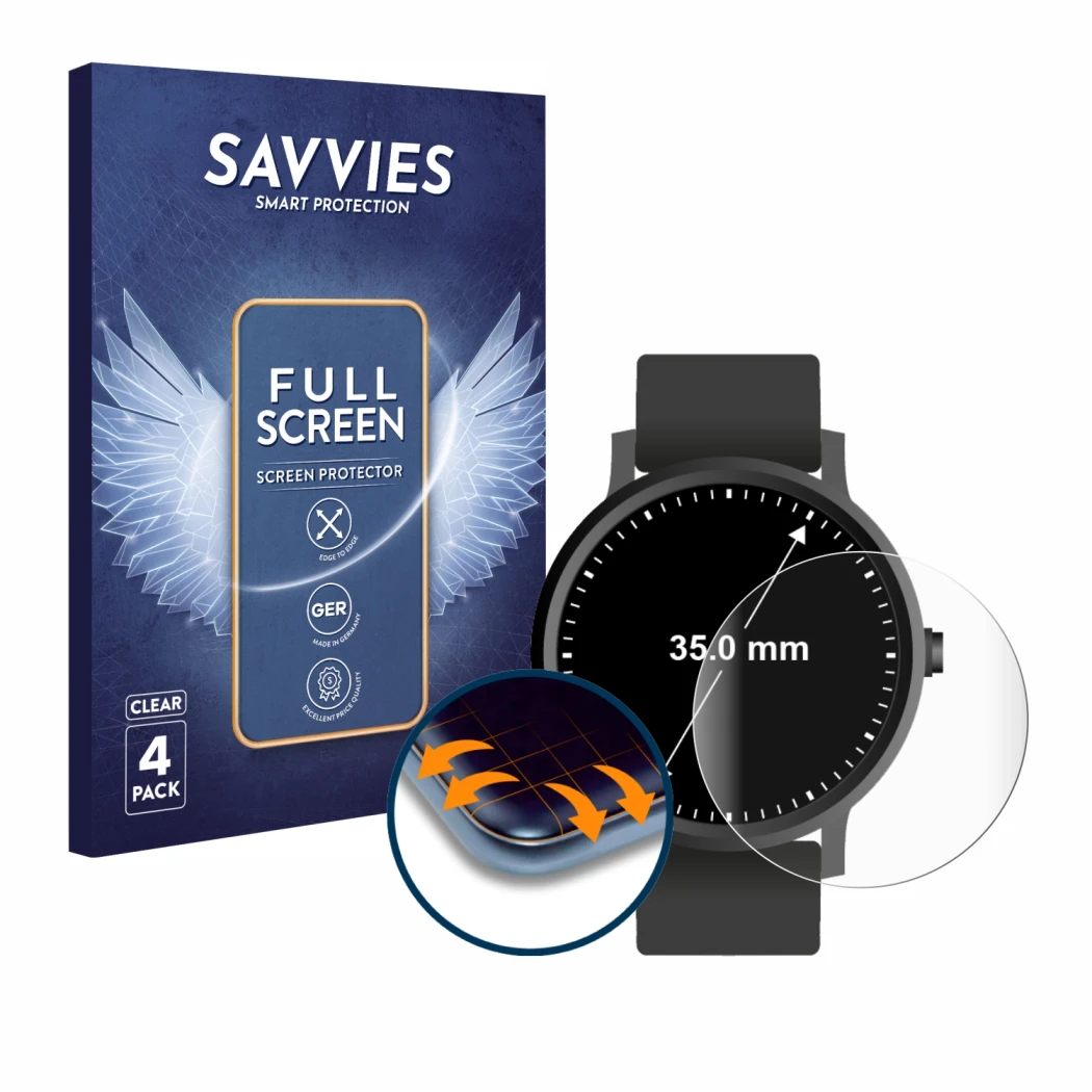 Face avant d’un emballage produit avec le logo de la marque Savvies. À côté, l’appareil Montres (Circulaire, ø: 35 mm) est rep
