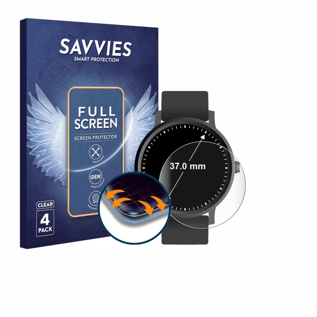 Face avant d’un emballage produit avec le logo de la marque Savvies. À côté, l’appareil Montres (Circulaire, ø: 37 mm) est rep