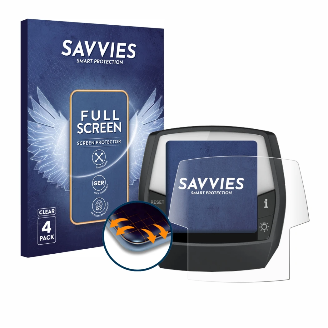 Face avant d’un emballage produit avec le logo de la marque Savvies. À côté, l’appareil Bosch Intuvia Performance Line est rep