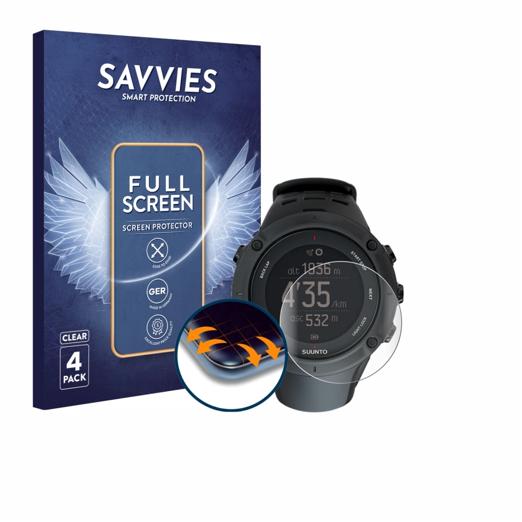 Face avant d’un emballage produit avec le logo de la marque Savvies. À côté, l’appareil Suunto Ambit3 Peak Black est représent