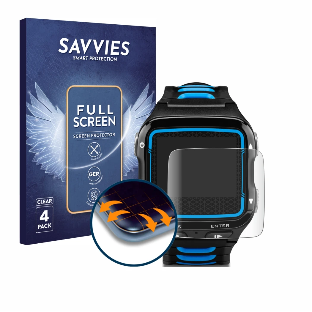 Face avant d’un emballage produit avec le logo de la marque Savvies. À côté, l’appareil Garmin Forerunner 920XT est représenté