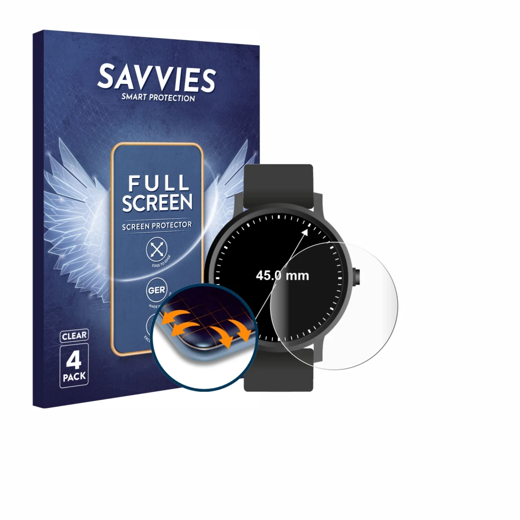 Face avant d’un emballage produit avec le logo de la marque Savvies. À côté, l’appareil Montres (Circulaire, ø: 45 mm) est rep