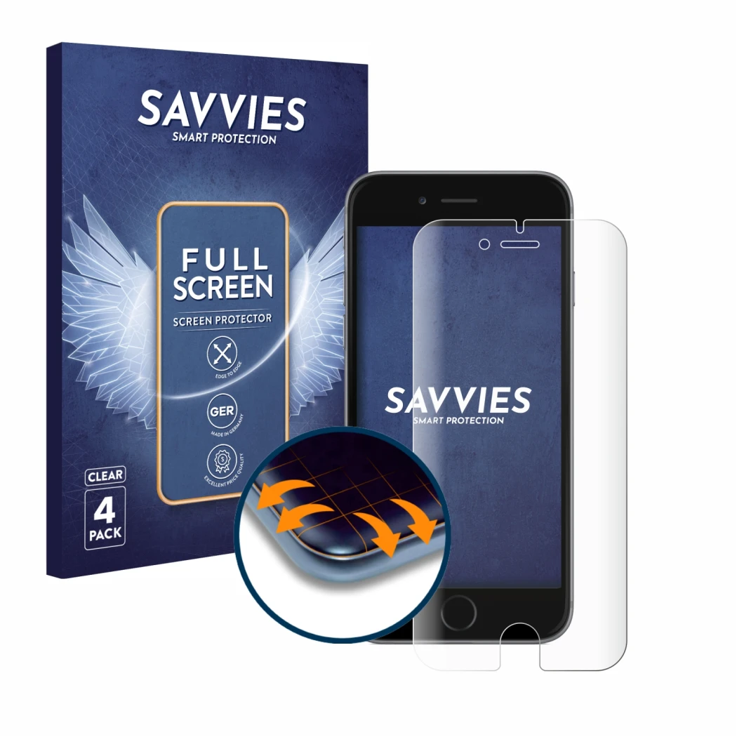 Face avant d’un emballage produit avec le logo de la marque Savvies. À côté, l’appareil Apple iPhone 6S est représenté avec la
