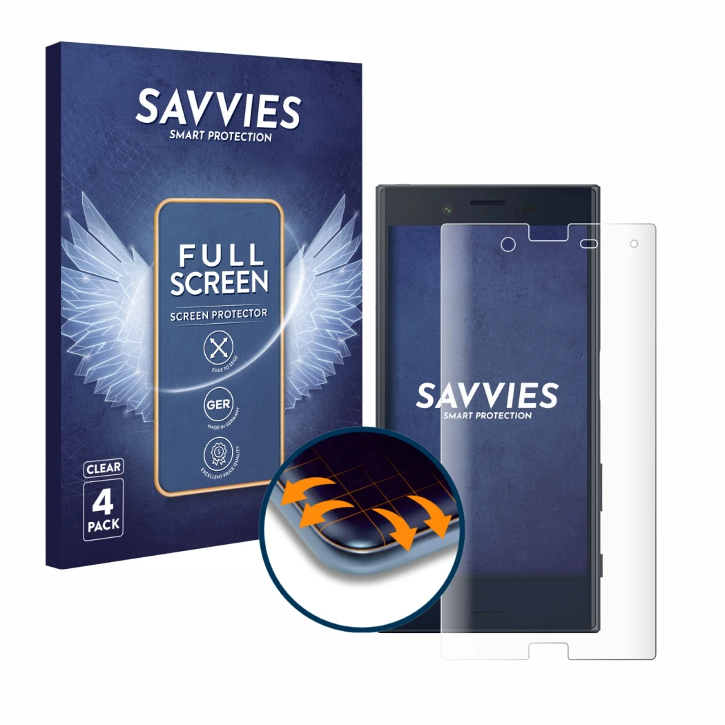 Face avant d’un emballage produit avec le logo de la marque Savvies. À côté, l’appareil Sony Xperia X Compact est représenté a