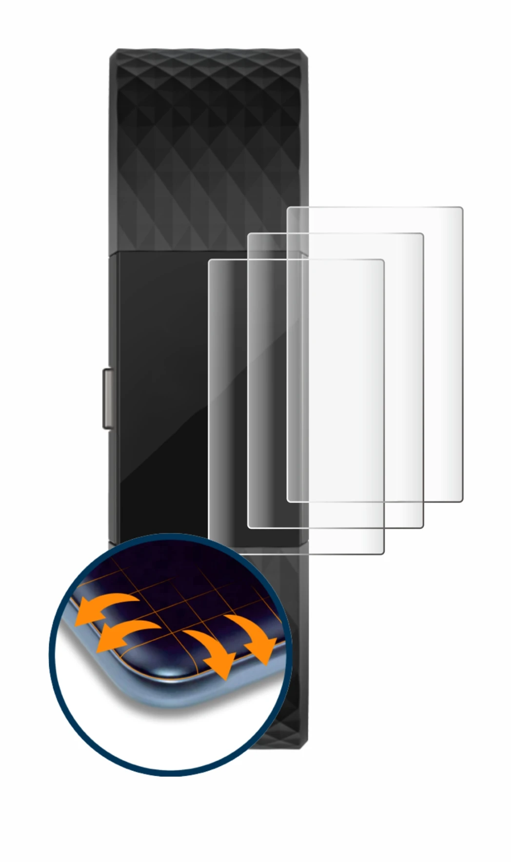 Image de l'appareil Fitbit Charge 2 avec une grande variété de protections d'écran.