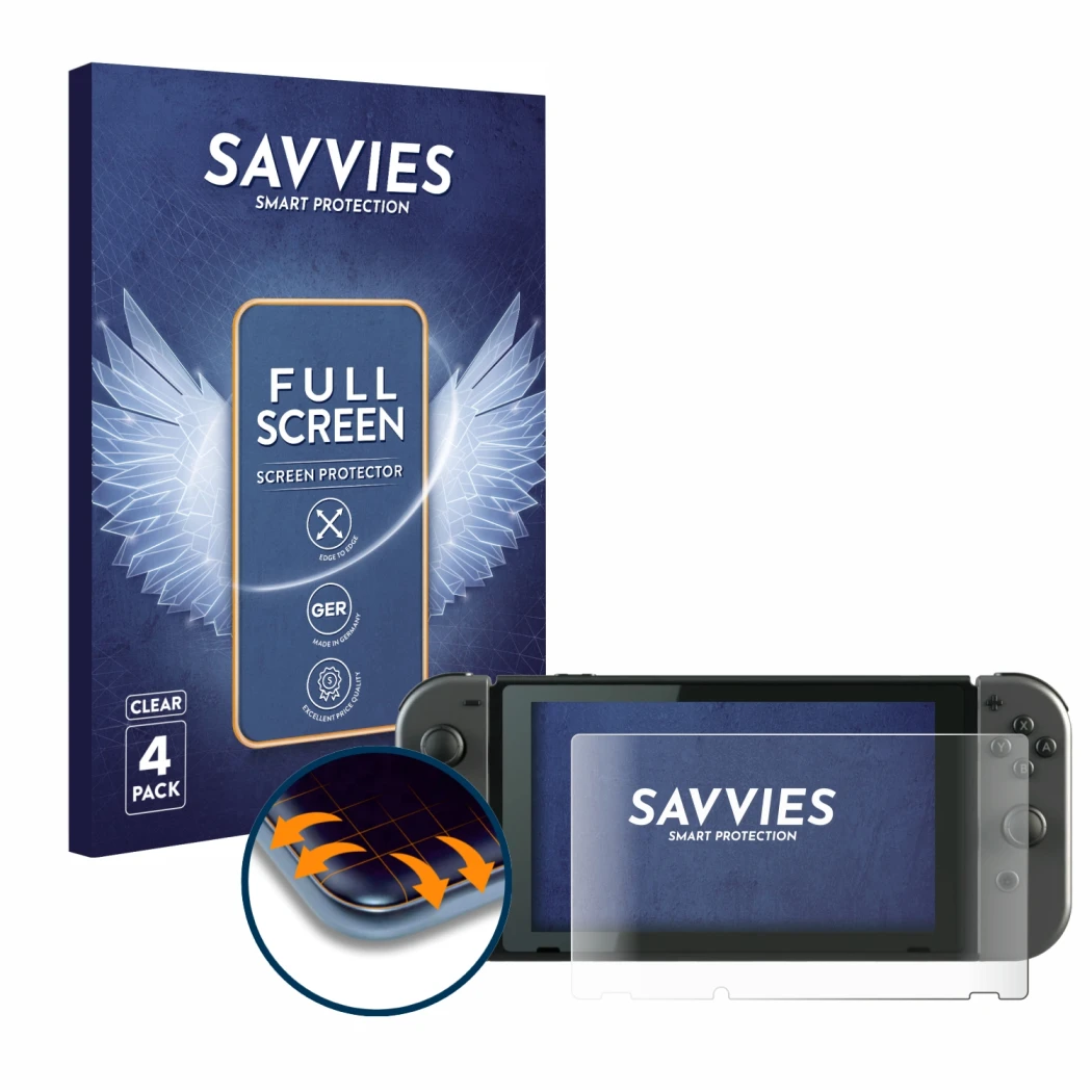 Face avant d’un emballage produit avec le logo de la marque Savvies. À côté, l’appareil Nintendo Switch est représenté avec la