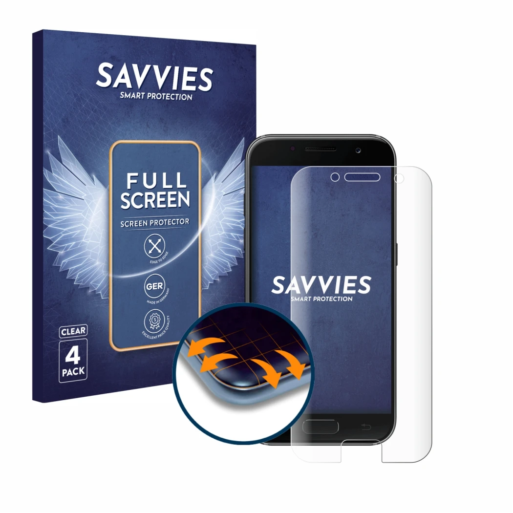 Face avant d’un emballage produit avec le logo de la marque Savvies. À côté, l’appareil Samsung Galaxy A3 2017 est représenté 
