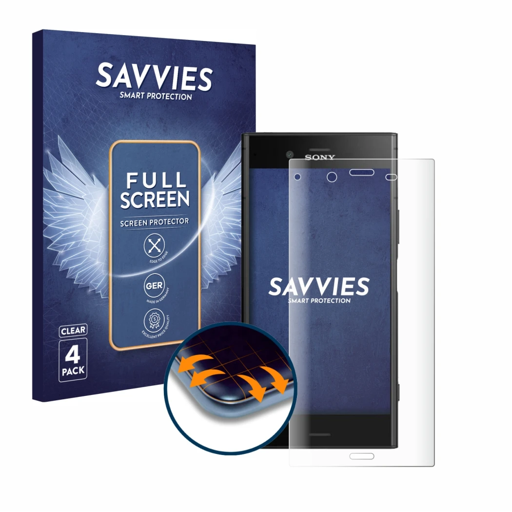 Face avant d’un emballage produit avec le logo de la marque Savvies. À côté, l’appareil Sony Xperia XZ1 est représenté avec la