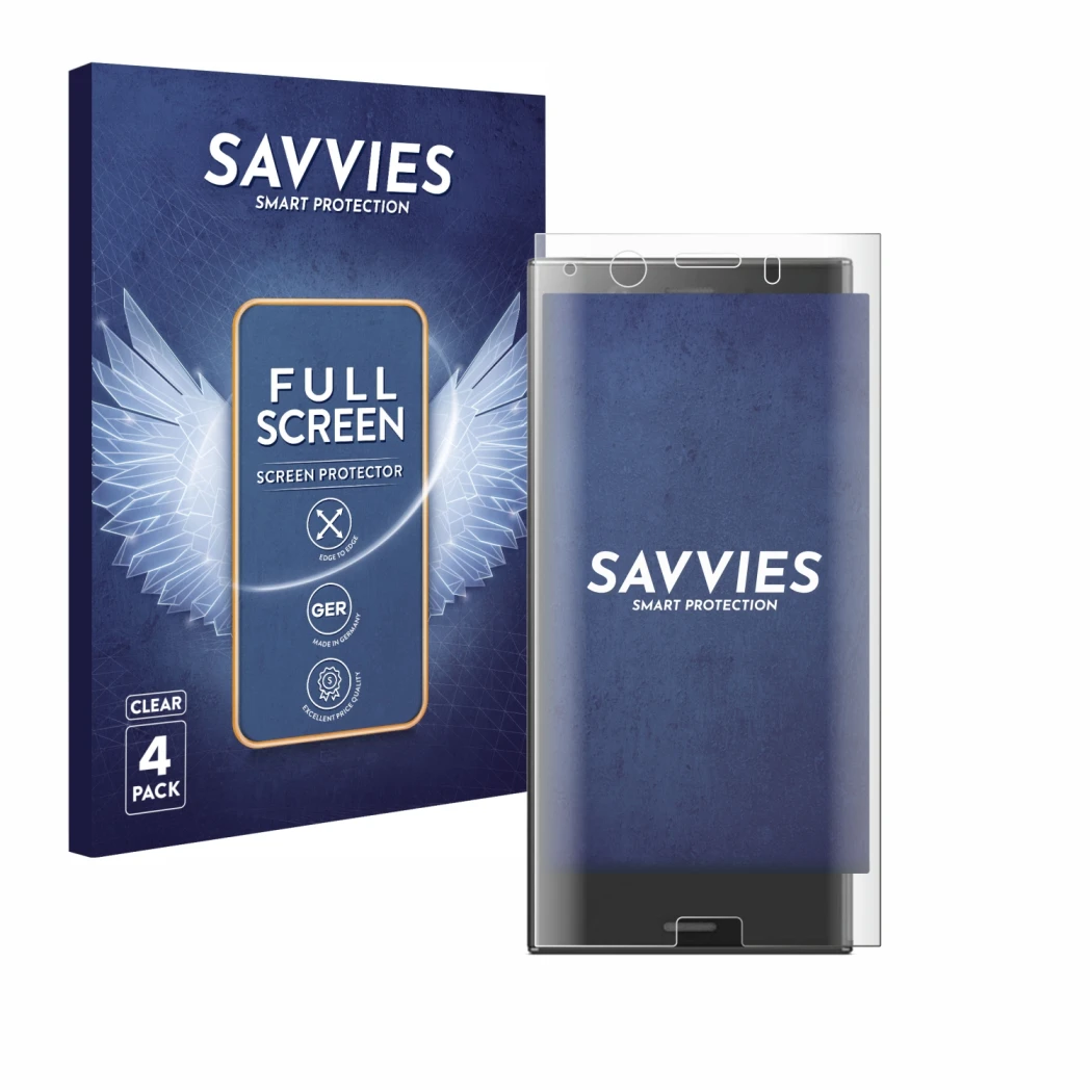 Face avant d’un emballage produit avec le logo de la marque Savvies. À côté, l’appareil Sony Xperia XZ1 Compact est représenté