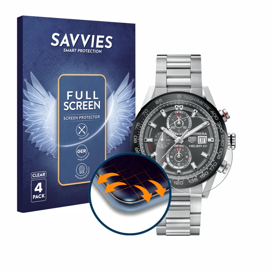 Face avant d’un emballage produit avec le logo de la marque Savvies. À côté, l’appareil TAG Heuer Carrera (45 mm) est représen