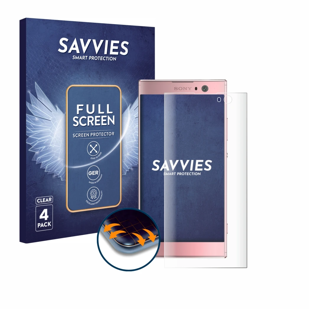 Face avant d’un emballage produit avec le logo de la marque Savvies. À côté, l’appareil Sony Xperia XA2 est représenté avec la