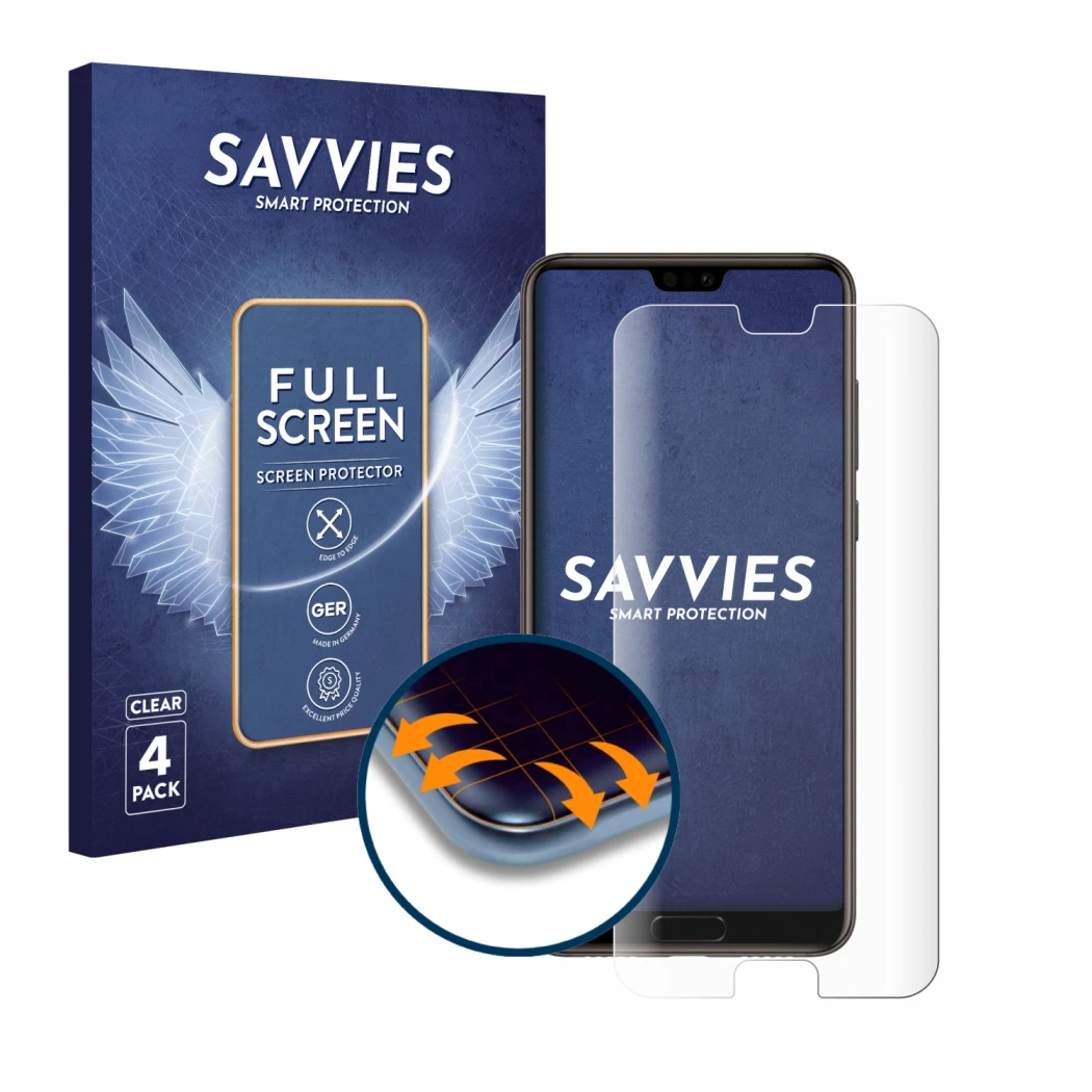 Face avant d’un emballage produit avec le logo de la marque Savvies. À côté, l’appareil Huawei P20 est représenté avec la prot