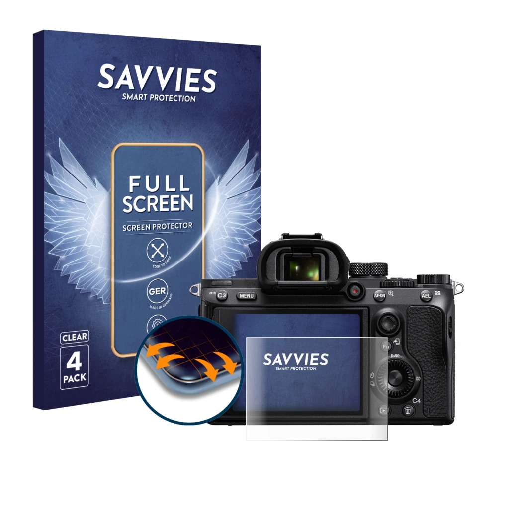 Face avant d’un emballage produit avec le logo de la marque Savvies. À côté, l’appareil Sony Alpha 7 III (ILCE-7M3) est représ