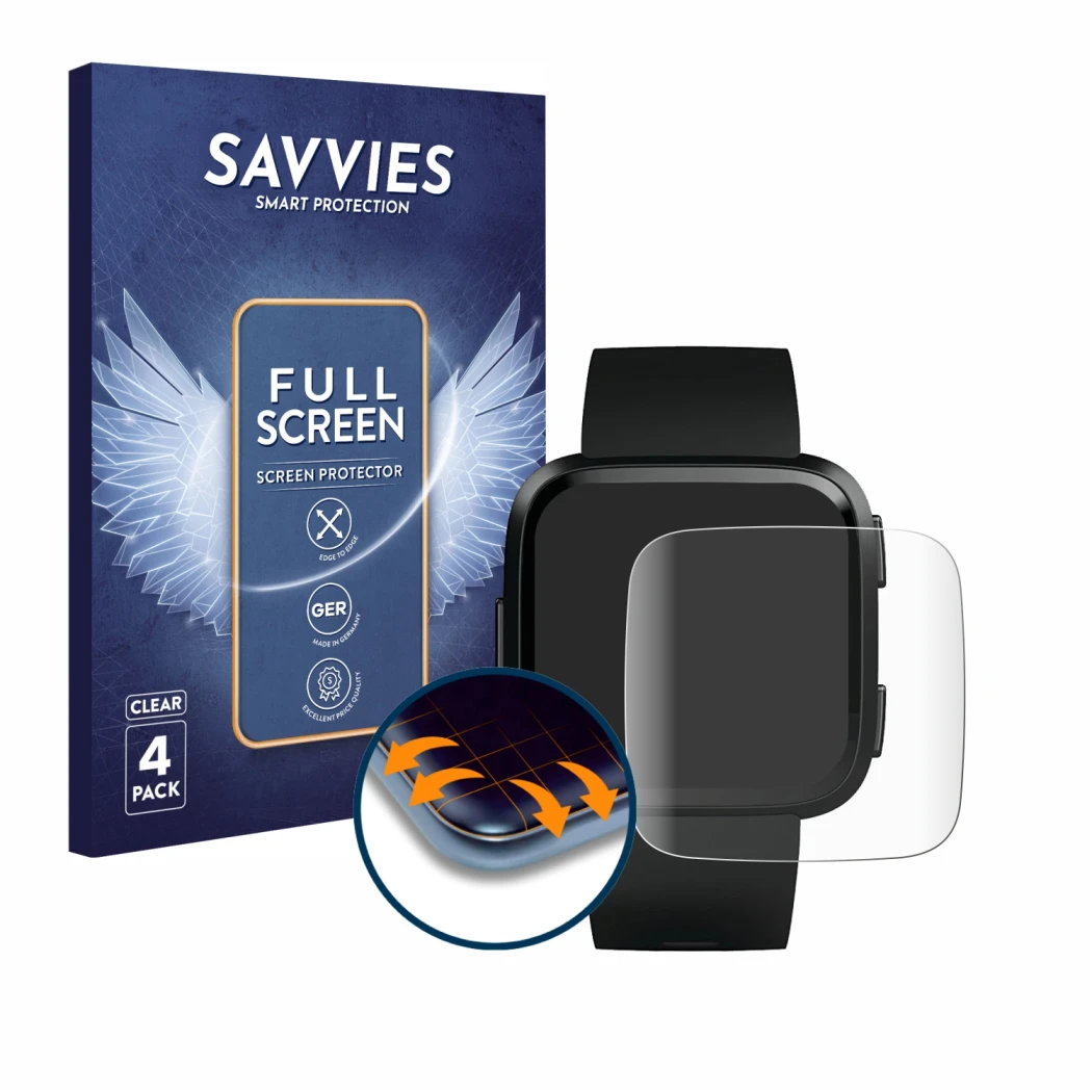 Face avant d’un emballage produit avec le logo de la marque Savvies. À côté, l’appareil Fitbit Versa est représenté avec la pr