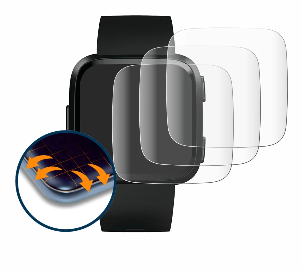 Image de l'appareil Fitbit Versa avec une grande variété de protections d'écran.