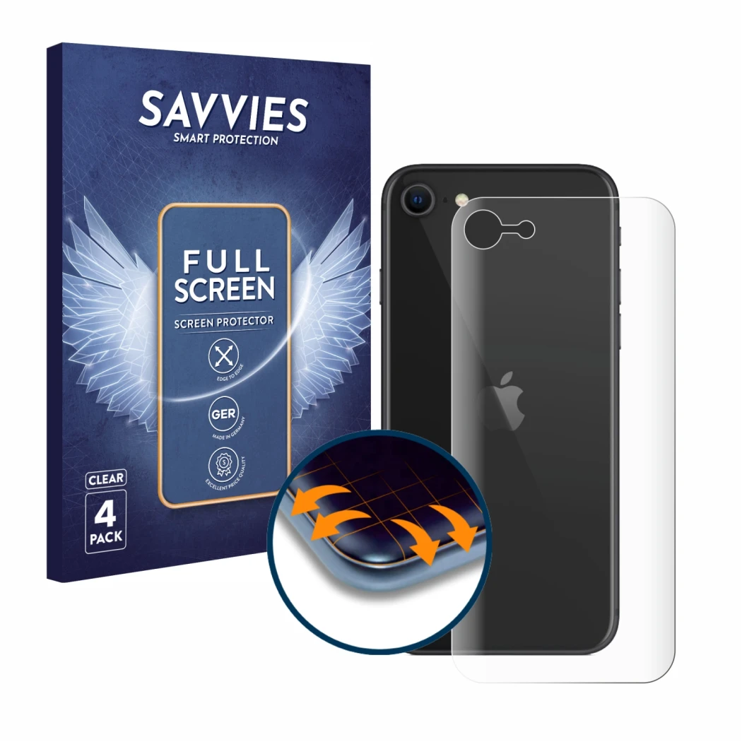 Face avant d’un emballage produit avec le logo de la marque Savvies. À côté, l’appareil Apple iPhone SE 2 2020 (Le dos) est re