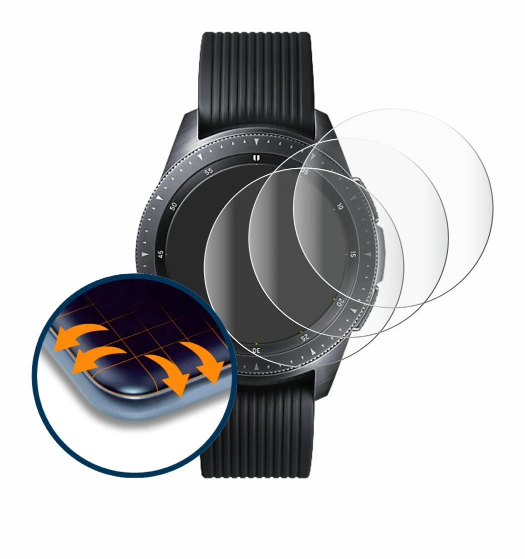 Image de l'appareil Samsung Galaxy Watch (42 mm) avec une grande variété de protections d'écran.