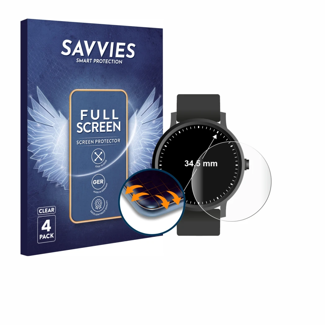 Face avant d’un emballage produit avec le logo de la marque Savvies. À côté, l’appareil Montres (Circulaire, ø: 34.5 mm) est r