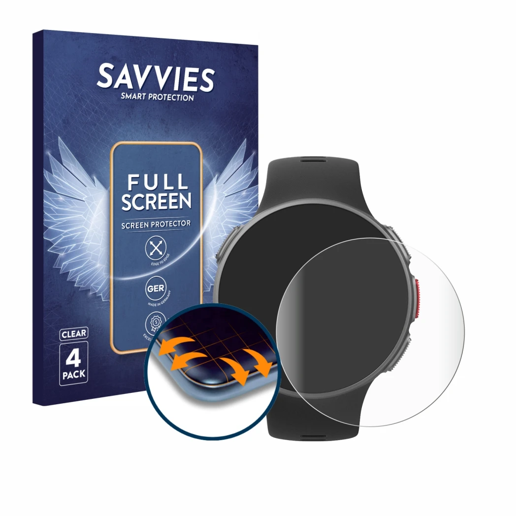 Face avant d’un emballage produit avec le logo de la marque Savvies. À côté, l’appareil Polar Vantage V est représenté avec la