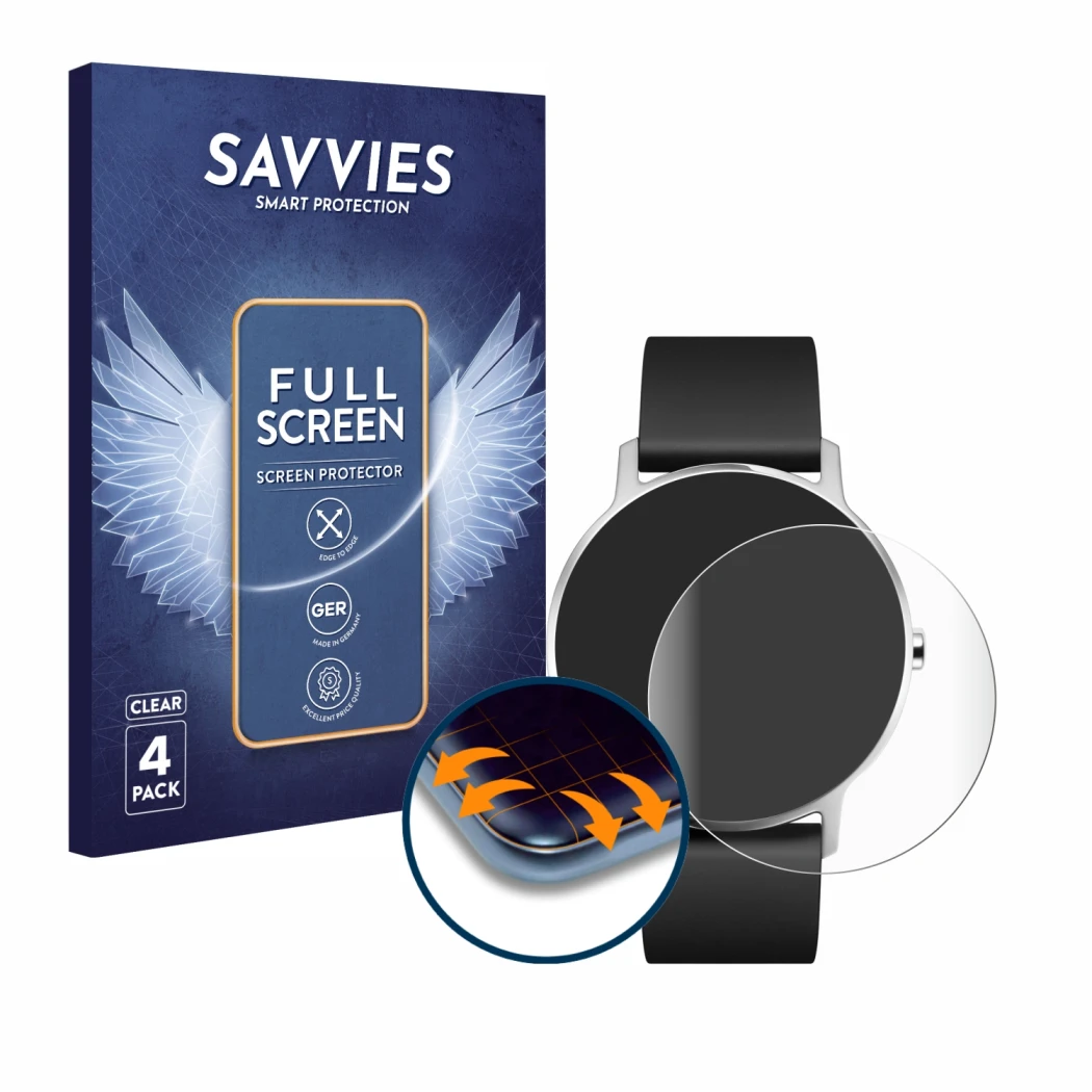 Face avant d’un emballage produit avec le logo de la marque Savvies. À côté, l’appareil Withings Steel HR (36 mm) est représen