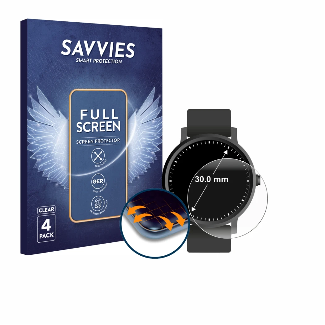 Face avant d’un emballage produit avec le logo de la marque Savvies. À côté, l’appareil Circulaire Displays (ø: 30 mm) est rep