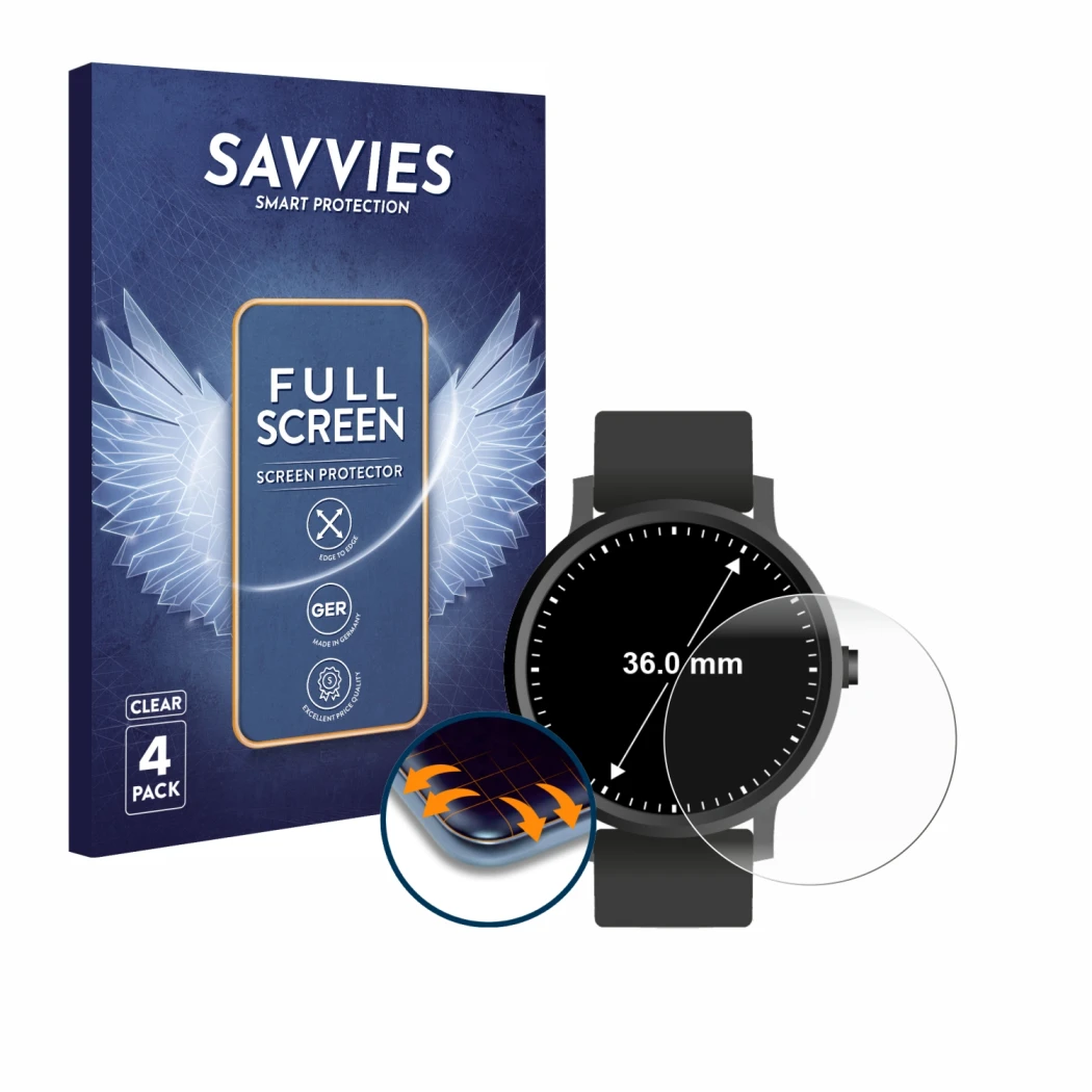 Face avant d’un emballage produit avec le logo de la marque Savvies. À côté, l’appareil Circulaire Displays (ø: 36 mm) est rep