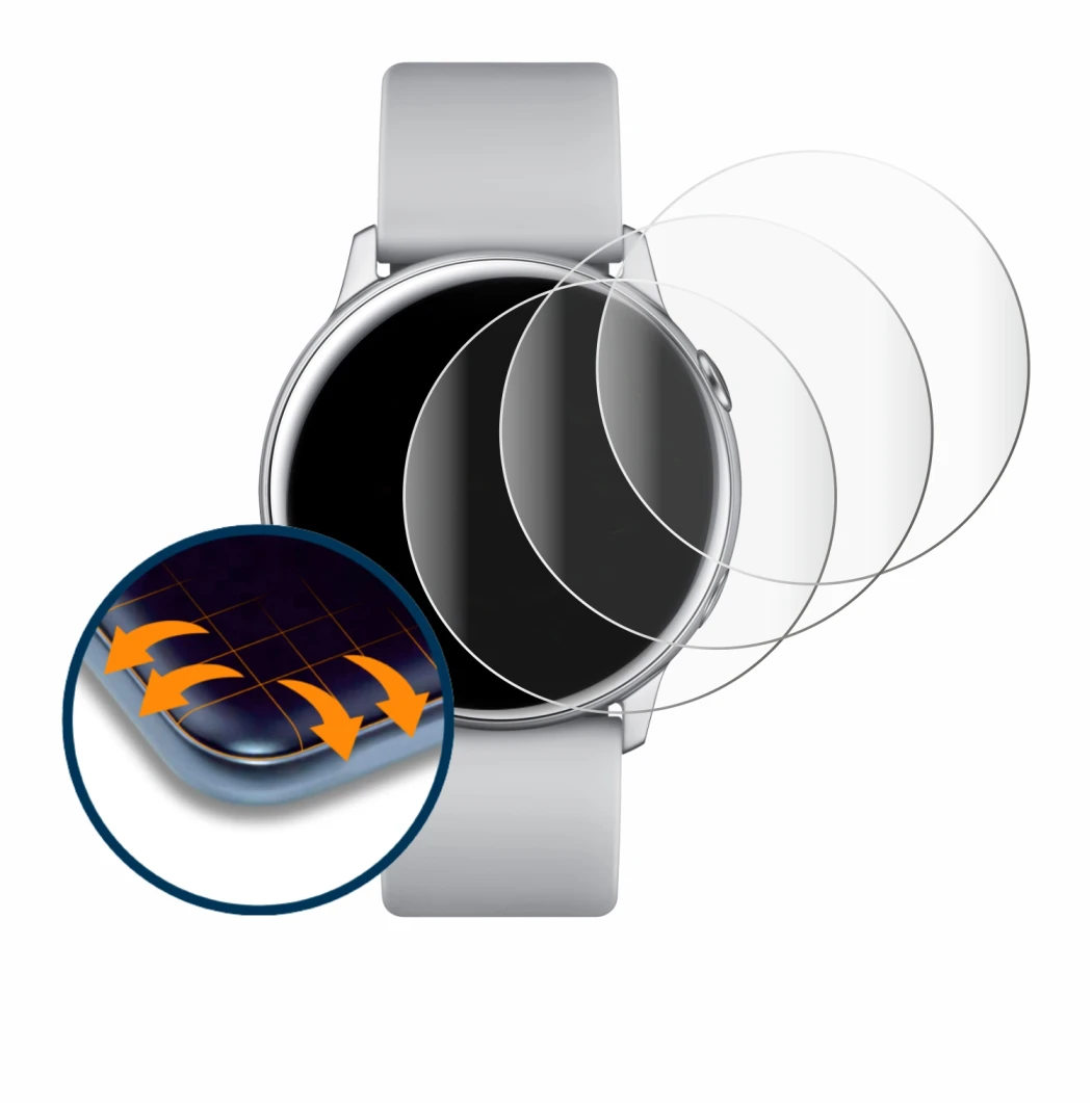 Image de l'appareil Samsung Galaxy Watch Active avec une grande variété de protections d'écran.