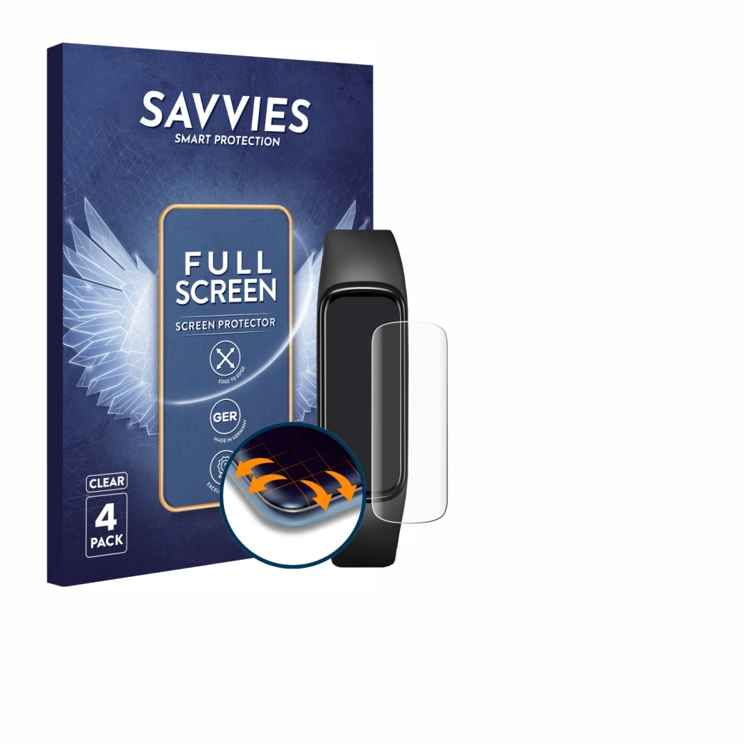 Face avant d’un emballage produit avec le logo de la marque Savvies. À côté, l’appareil Samsung Galaxy Fit e est représenté av