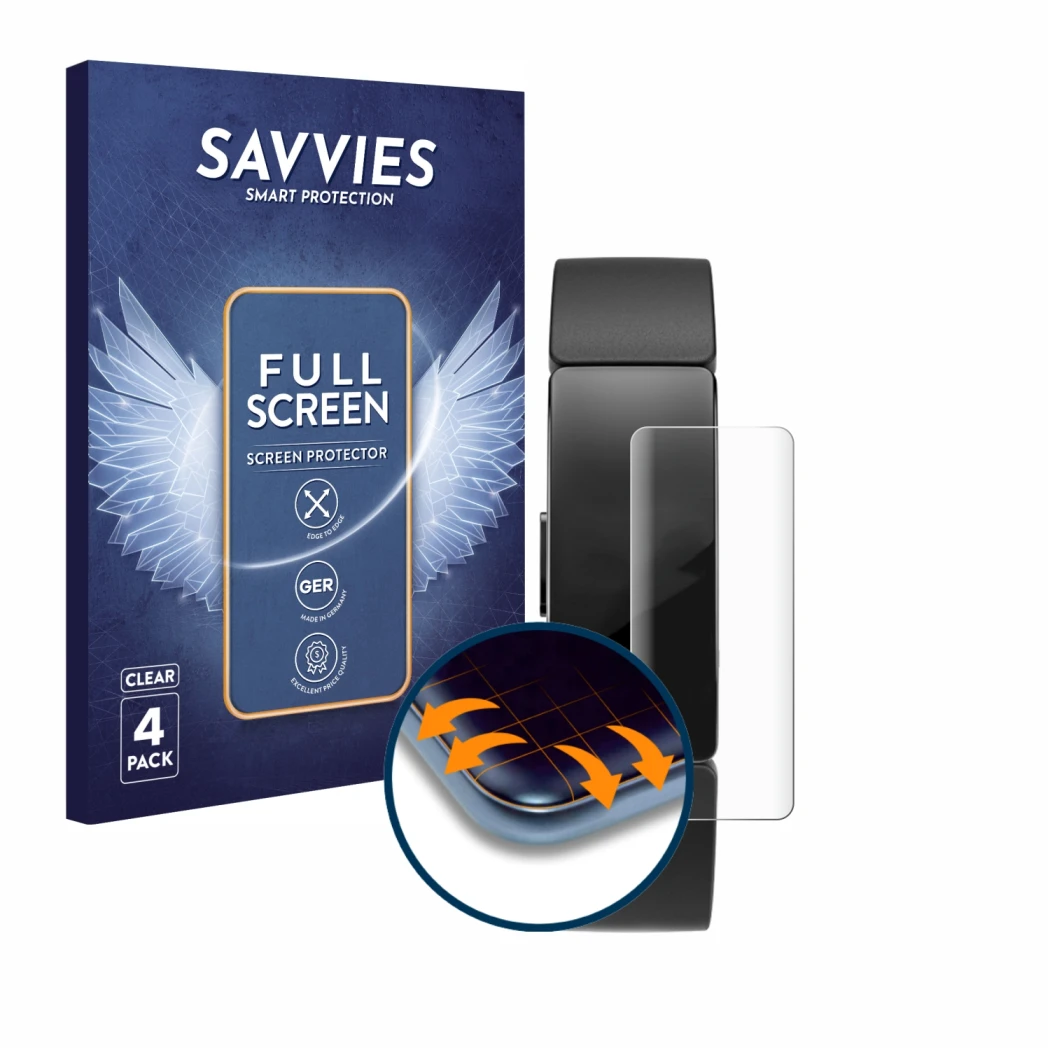 Face avant d’un emballage produit avec le logo de la marque Savvies. À côté, l’appareil Fitbit Inspire HR est représenté avec 