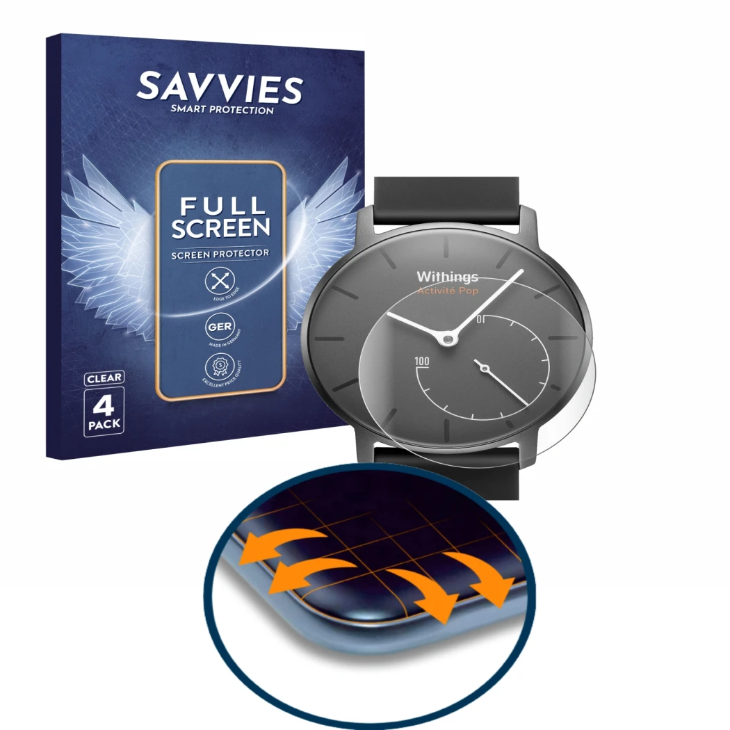 Face avant d’un emballage produit avec le logo de la marque Savvies. À côté, l’appareil Withings Activité Pop est représenté a
