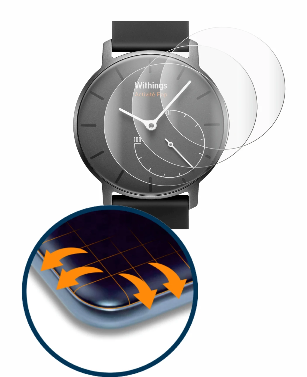 Image de l'appareil Withings Activité Pop avec une grande variété de protections d'écran.