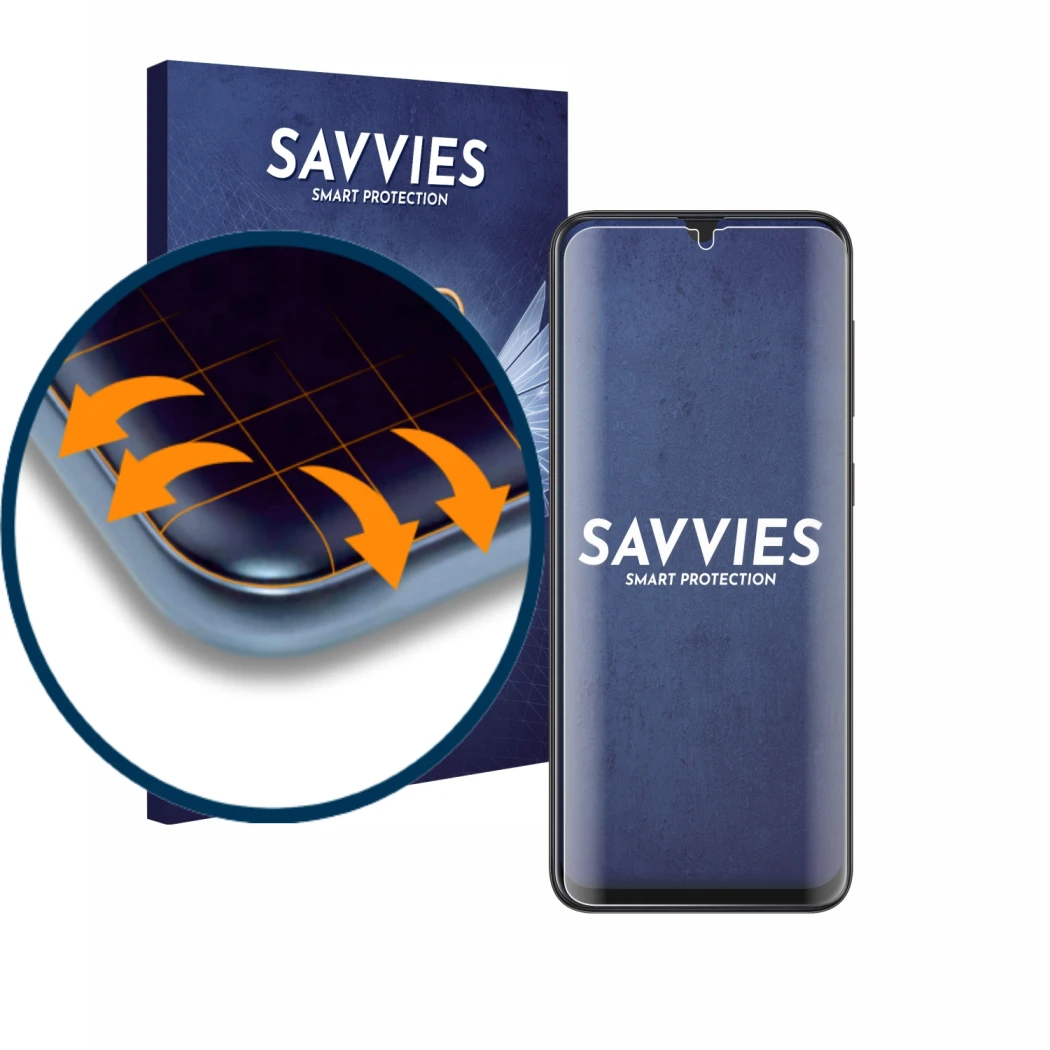 Face avant d’un emballage produit avec le logo de la marque Savvies. À côté, l’appareil Samsung Galaxy A20 est représenté avec