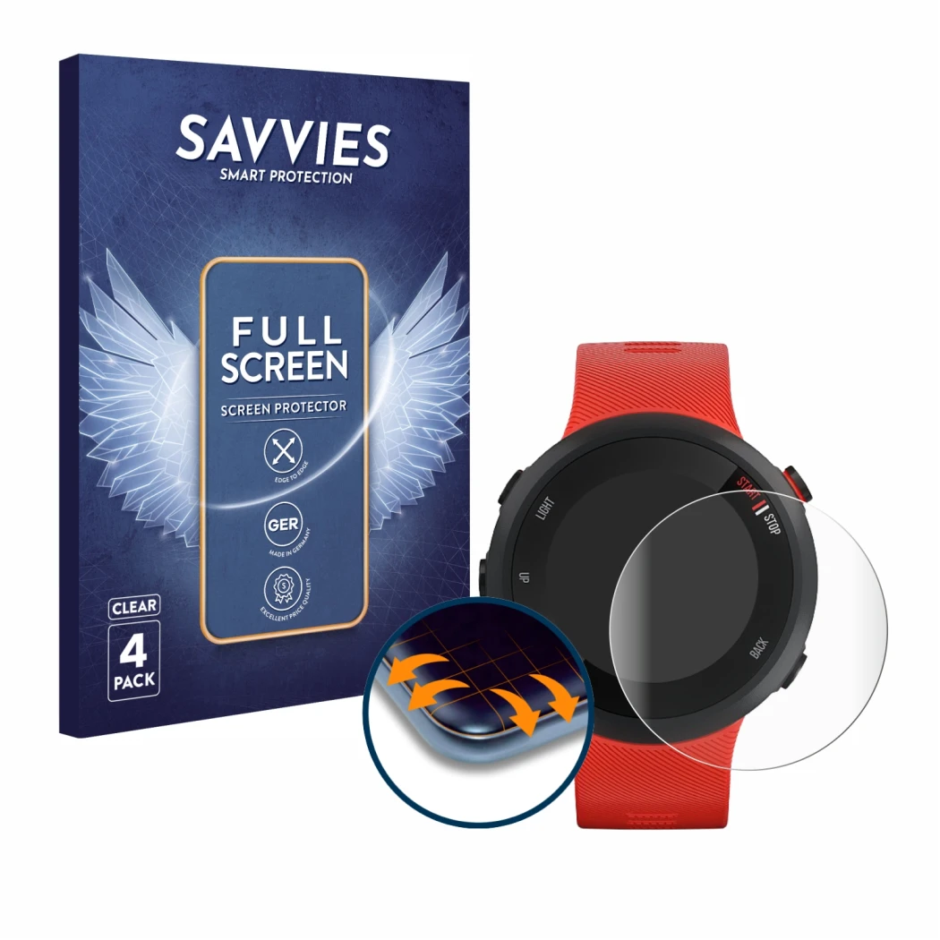 Face avant d’un emballage produit avec le logo de la marque Savvies. À côté, l’appareil Garmin Forerunner 45 est représenté av