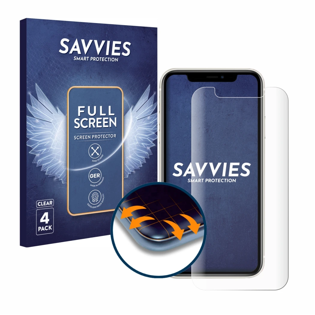 Face avant d’un emballage produit avec le logo de la marque Savvies. À côté, l’appareil Apple iPhone 11 est représenté avec la