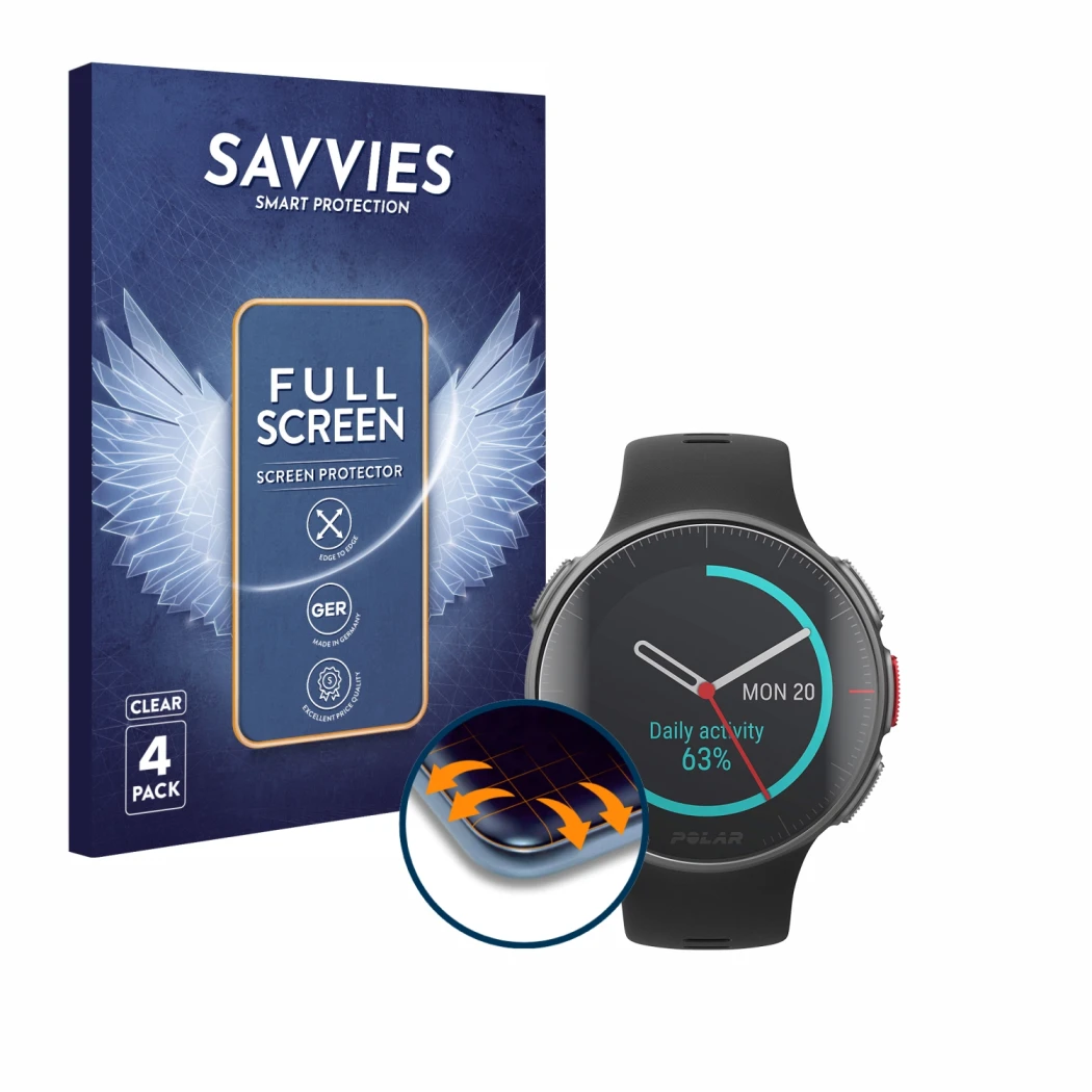 Face avant d’un emballage produit avec le logo de la marque Savvies. À côté, l’appareil Polar Vantage V Titan est représenté a