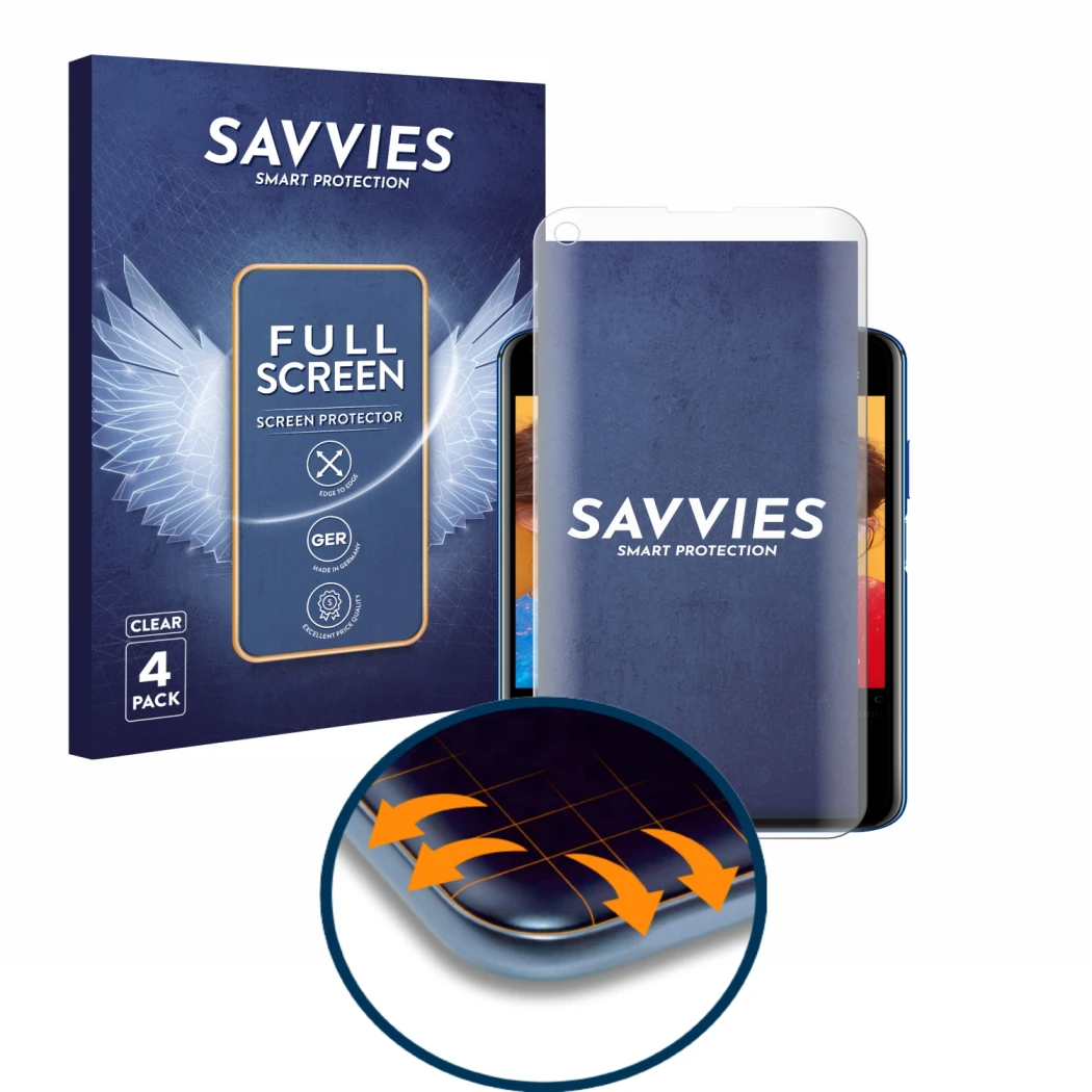 Face avant d’un emballage produit avec le logo de la marque Savvies. À côté, l’appareil Huawei Nova 5T est représenté avec la 