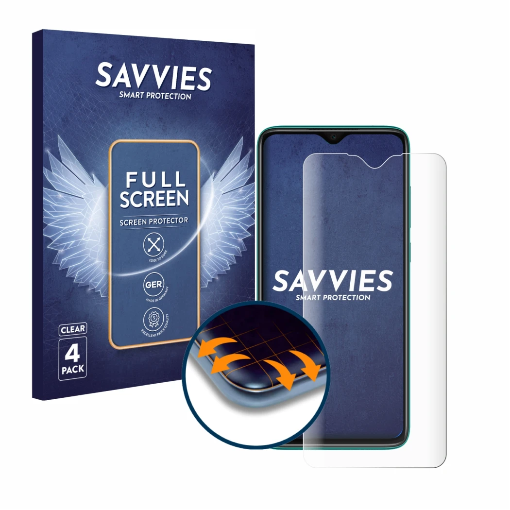 Face avant d’un emballage produit avec le logo de la marque Savvies. À côté, l’appareil Xiaomi Redmi Note 8 Pro est représenté