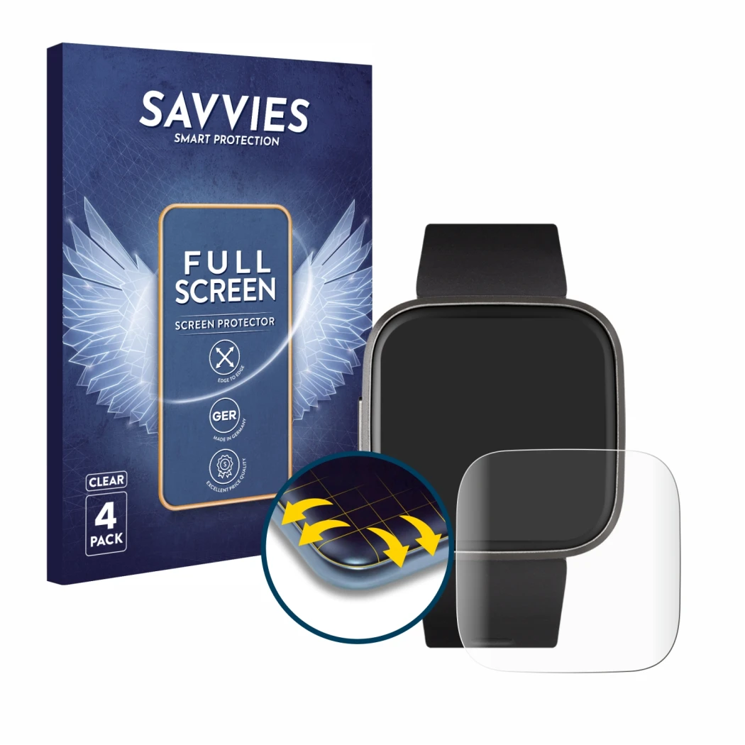 Face avant d’un emballage produit avec le logo de la marque Savvies. À côté, l’appareil Fitbit Versa 2 est représenté avec la 