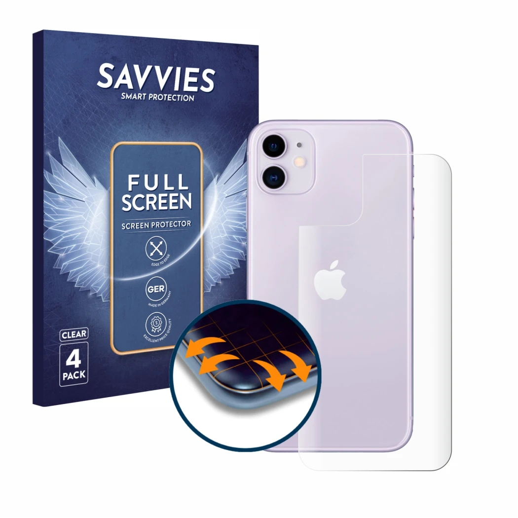 Face avant d’un emballage produit avec le logo de la marque Savvies. À côté, l’appareil Apple iPhone 11 (Arrière) est représen