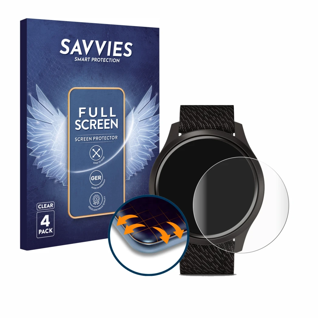 Face avant d’un emballage produit avec le logo de la marque Savvies. À côté, l’appareil Garmin vivomove Style (42 mm) est repr